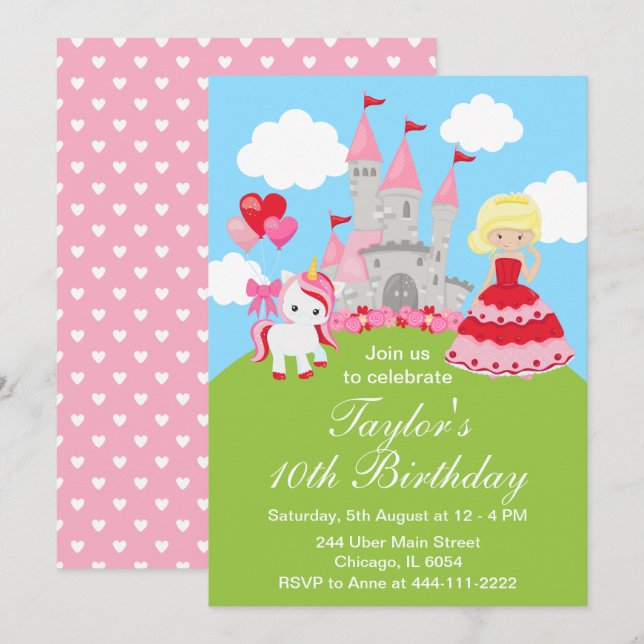 Invitación Valentine Blonde Hair Princess Unicorn (Anverso / Reverso)
