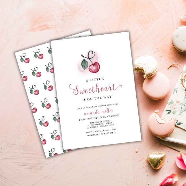 Invitación Valentine Cherry Berry Supinat Heart Baby Shower (Valentine Cherry Berry Sweetheat Heart Baby Shower Invitation)