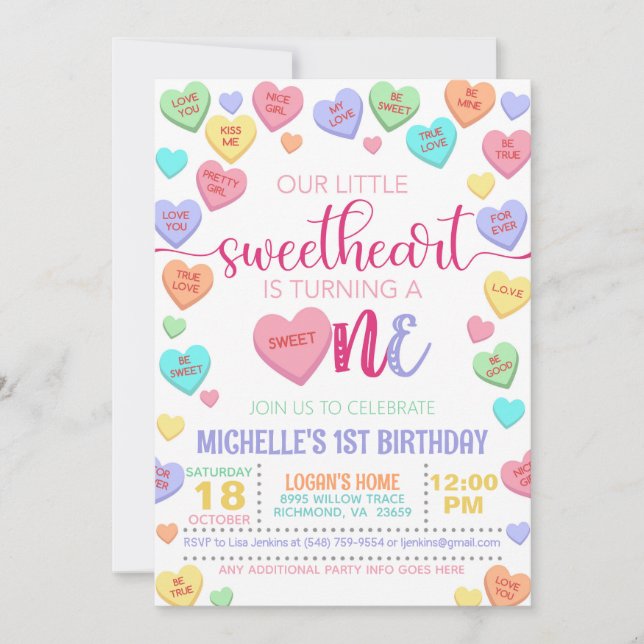 Invitación Valentine Conversation Hearts 1er cumpleaños (Anverso)