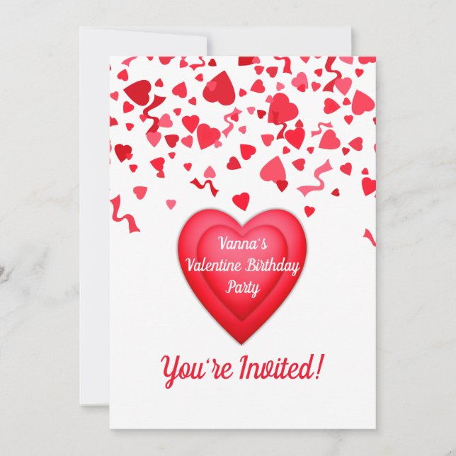 Invitación Valentine Cumpleaños Red Confetti Heart Personaliz (Anverso)