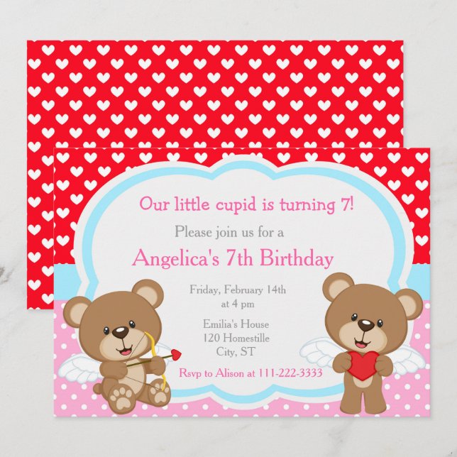 Invitación Valentine Cute Cupid Bear Cumpleaños (Anverso / Reverso)