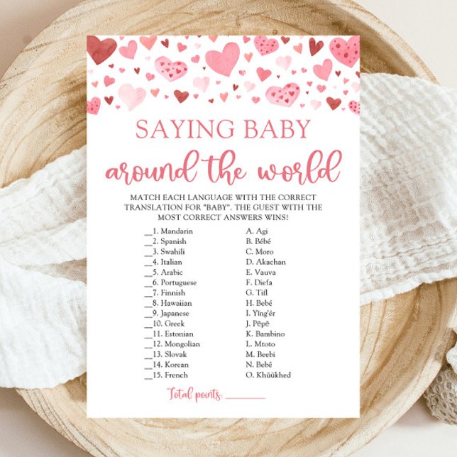 Invitación Valentine dice bebé en el juego mundial (Watercolor Pink Red Hearts Valentine Sweetheart Girl Saying Baby Around The World Baby Shower Game)