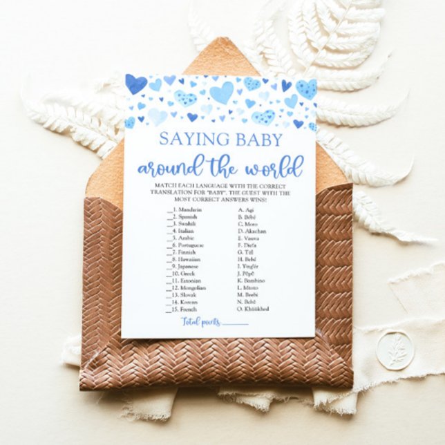 Invitación Valentine dice bebé en el juego mundial (Watercolor Cute Blue Hearts Valentine Sweetheart  Boy Saying Baby Around The World Baby Shower Game)