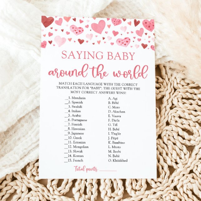 Invitación Valentine dice bebé en el juego mundial (Watercolor Pink Red Hearts Valentine Sweetheart Girl Saying Baby Around The World Baby Shower Game)
