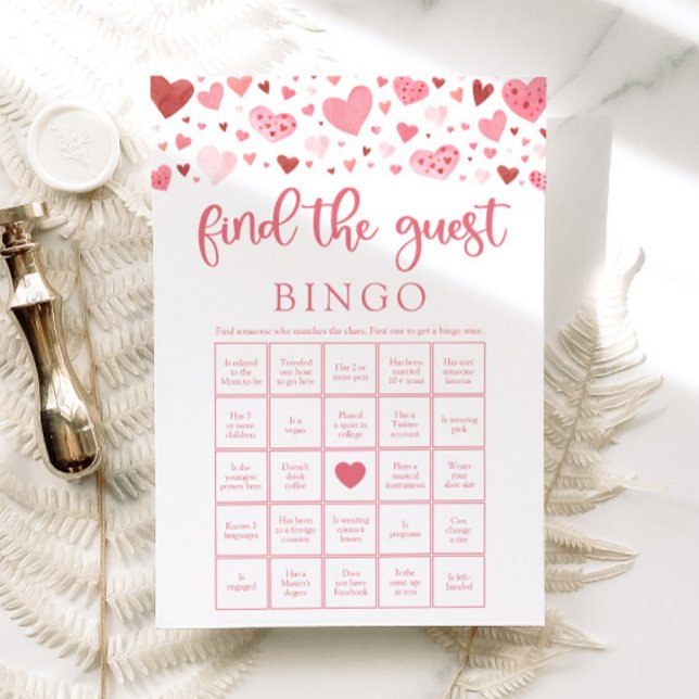 Invitación Valentine encuentra el juego de Baby Shower de Bin (Watercolor Pink Red Hearts Valentine A Little Sweetheart Girl Find the Guest Bingo Baby Shower Game)