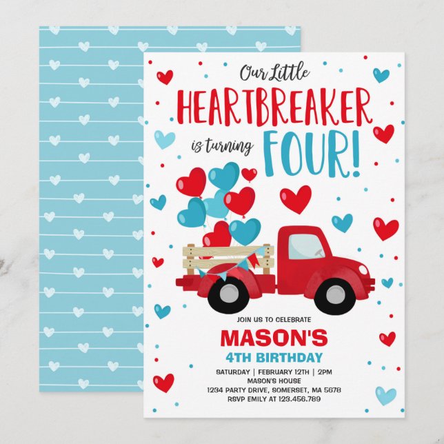 Invitación Valentine Heartbreaker 4to cumpleaños Camión Azul  (Anverso / Reverso)