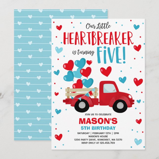Invitación Valentine Heartbreaker 5º cumpleaños Camión Azul R (Anverso / Reverso)