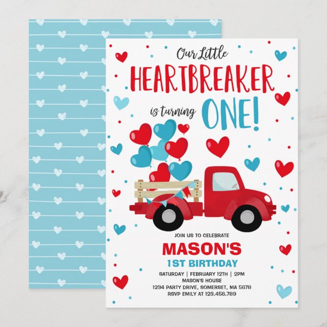 Invitación Valentine Heartbreaker Primer cumpleaños Camión Az (Anverso / Reverso)