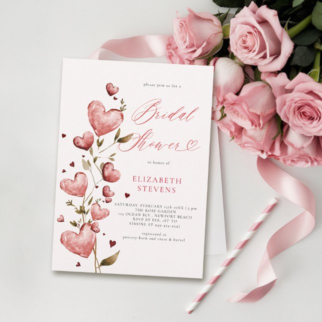 Invitación Valentine Hearts Love Garden Pink Bridal Shower (valentine bridal shower invitations whimsical hearts watercolor elegant love garden party pink)
