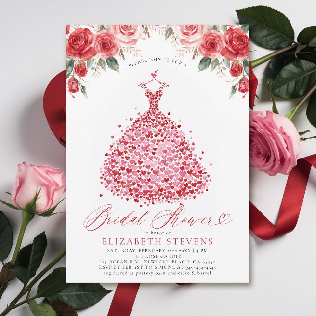 Invitación Valentine Hearts Vestidos Roses Roses Roses Bridal (valentine bridal shower invitations whimsical hearts watercolor elegant dress red roses elegant)