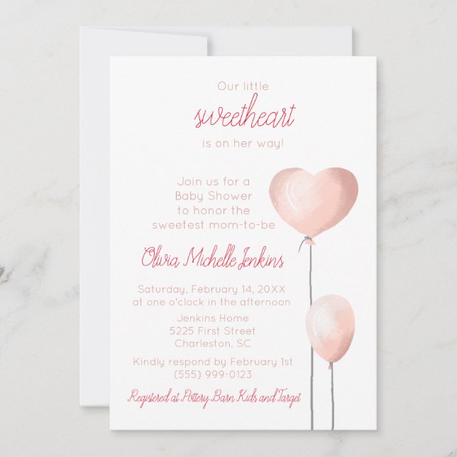 Invitación Valentine Pink Heart Balloon Baby Shower (Anverso)