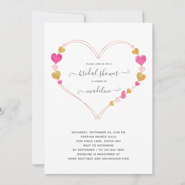 Invitación Valentine Pink Heart Sweet Bridal Shower (Anverso)