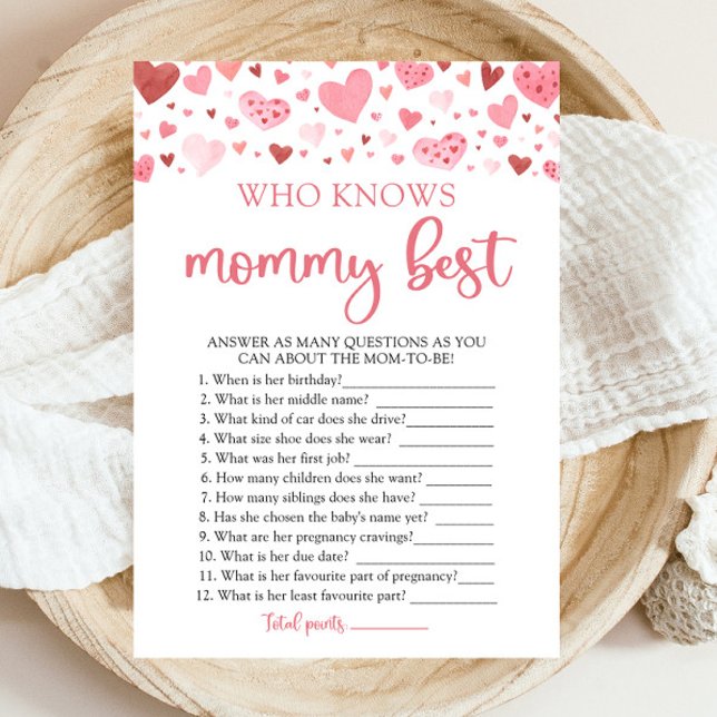 Invitación Valentine que conoce a mamá mejor juego de Baby Sh (Watercolor Cute Pink Red Hearts Valentine Sweetheart Baby Girl Who Knows Mommy Best Baby Shower Game)