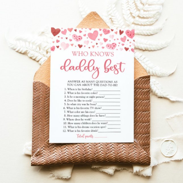 Invitación Valentine que conoce al mejor juego de Baby Shower (Watercolor Cute Pink Red Hearts Valentine Sweetheart Baby Girl Who Knows Daddy Best Baby Shower Game)