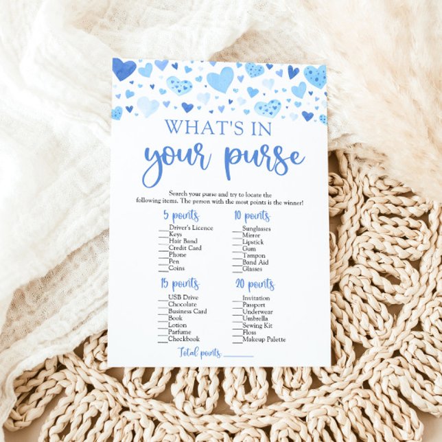 Invitación Valentine qué hay en tu bolso juego de Baby Shower (Watercolor Cute Blue Hearts Valentine Sweetheart February Boy What's In Your Purse Baby Shower Game)