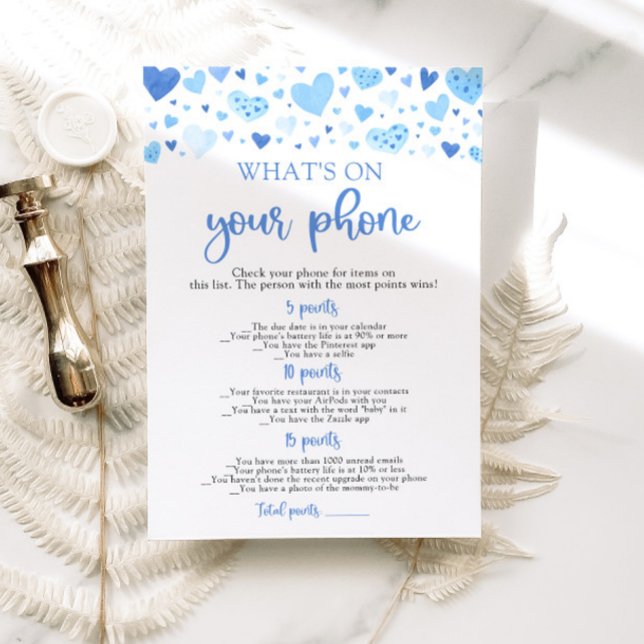 Invitación Valentine qué hay en tu juego de Baby Shower para  (Watercolor Cute Blue Hearts Valentine Sweetheart February Boy What's On Your Phone Baby Shower Game)