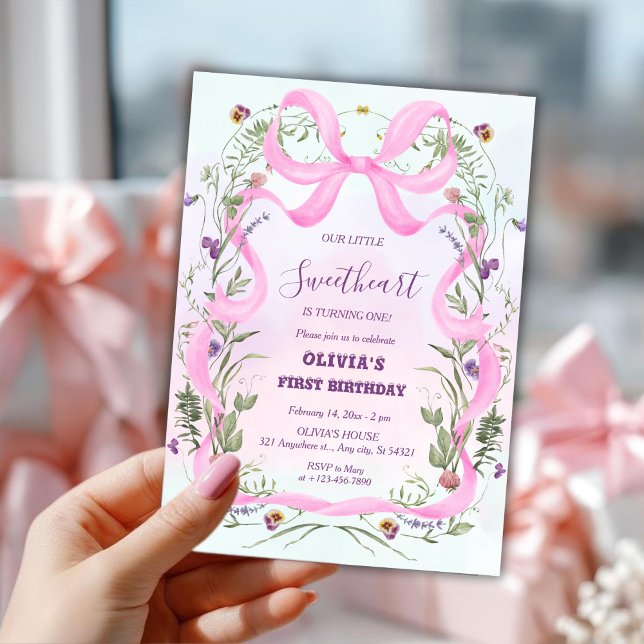Invitación Valentine’s Day Floral Pink Bow First Birthday (Subido por el creador)