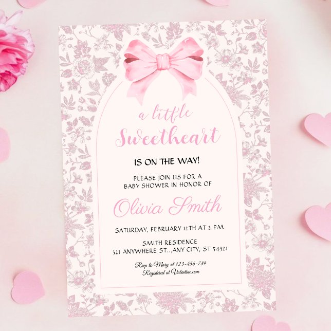 Invitación Valentine’s Day Sweetheart Pink Bow Baby Shower (Subido por el creador)