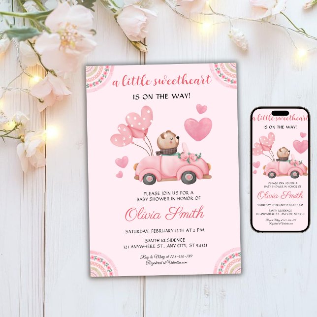Invitación Valentine’s Day Sweetheart Pink Car Baby Shower (Subido por el creador)
