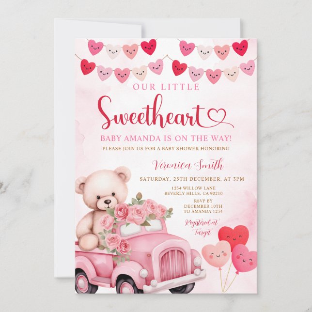 Invitación Valentine Sweetheart Bear Pink Truck Baby Shower (Anverso)