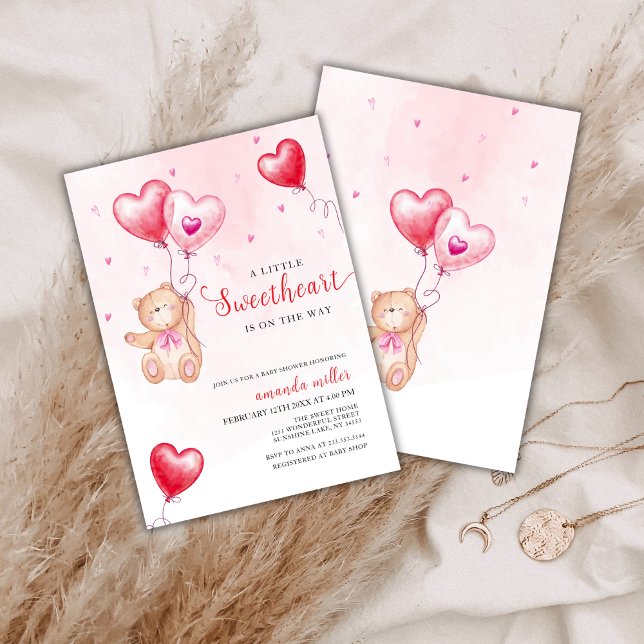 Invitación Valentine Teddy Bear Heart Balloon Baby Shower (Valentine Teddy Bear Heart Balloon Baby Shower Invitation)