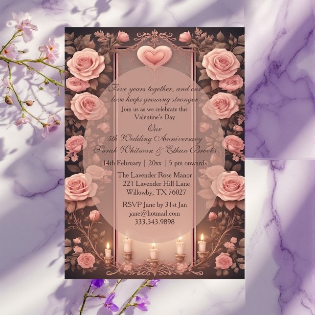 Invitación Valentines 5th Wedding Anniversary Burgundy Roses  (Valentines 5th Wedding Anniversary Burgundy Roses Invitation)
