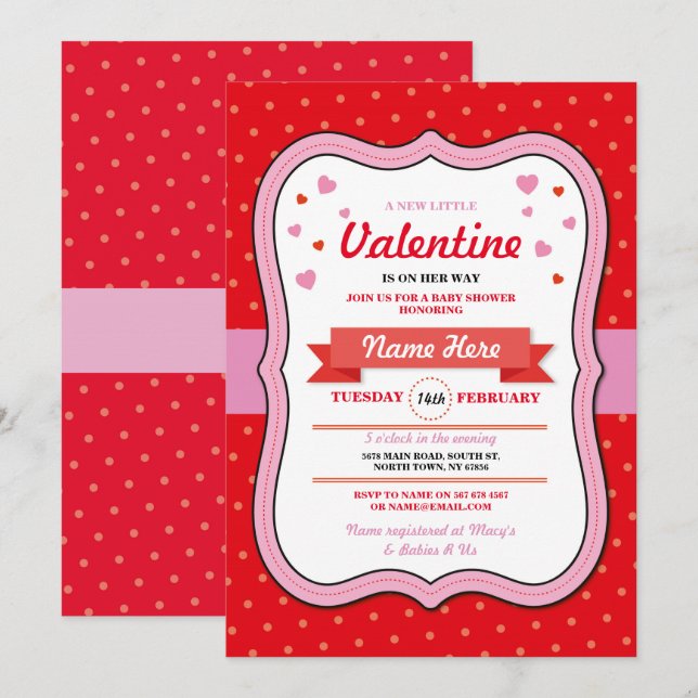 Invitación Valentines Baby Shower Chica ama los corazones ros (Anverso / Reverso)