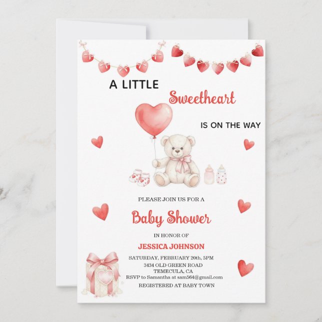 Invitación Valentine's Day Baby Shower Teddy Bear Hearts  (Anverso)