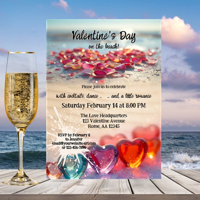Invitación Valentine's Day Beach Party (Valentine's Day party invitation featuring flower petals and hearts on the beach)