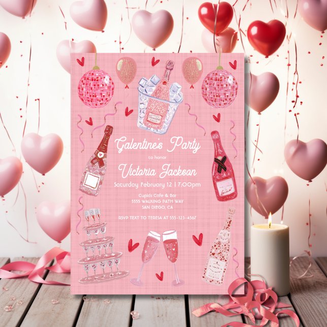 Invitación Valentine's Galentine's Day Champagne Party Pink (Subido por el creador)