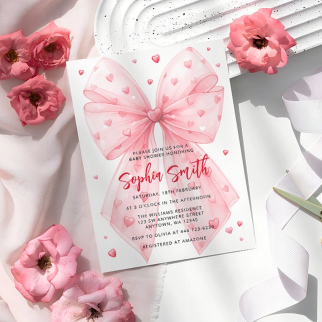Invitación Valentines Pink Bow Hearts Baby Shower (Subido por el creador)