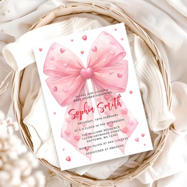 Invitación Valentines Pink Bow Hearts Baby Shower (Subido por el creador)