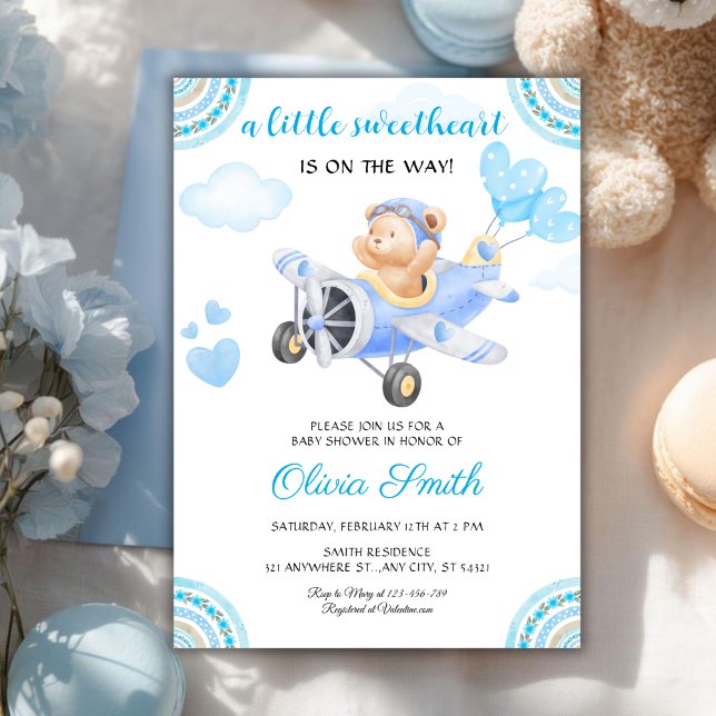 Invitación Valentines Sweetheart Blue Airplane Baby Shower (Subido por el creador)