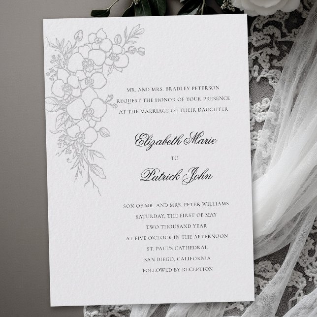 Invitación Vals de Orquídea Formal Tradicional Boda Marfil (orchid wedding invitation ivory formal waltz modern classic traditional black tie parents hosting)
