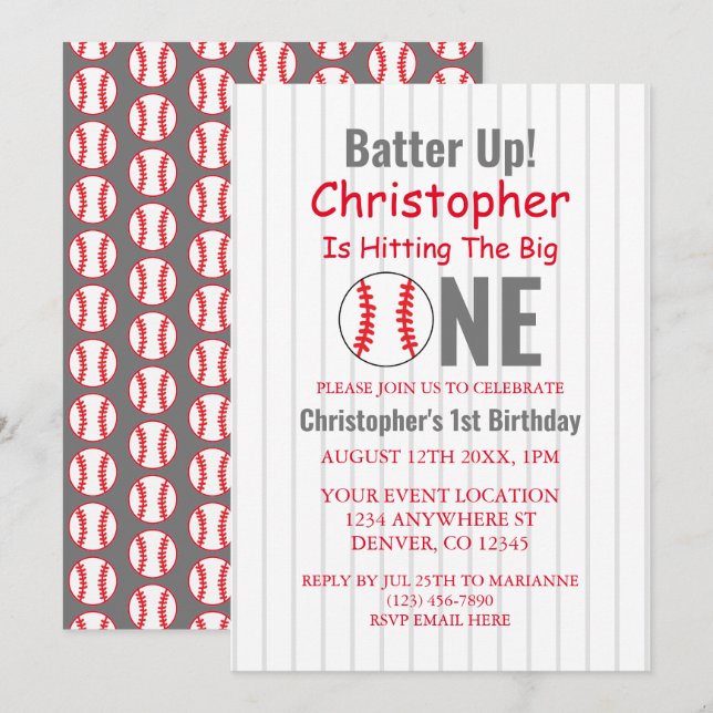 Invitación ¡Vámonos! Béisbol Primer Cumpleaños (Anverso / Reverso)