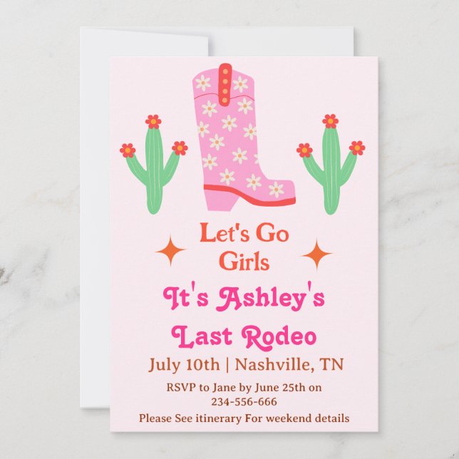 Invitación Vámonos Chicas Vaquera Rosa Despedida de Soltera  (Anverso)