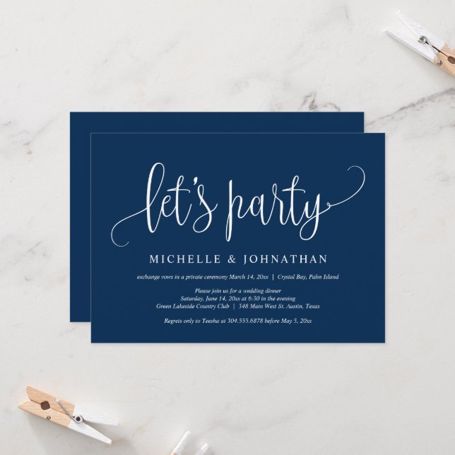Invitación Vámonos de Fiesta, Celebración de Boda Intima (Anverso/Reverso In Situ)