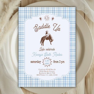 Invitación Vámonos Rodeo Vaquero Azul Cumpleaños Dibujado a M