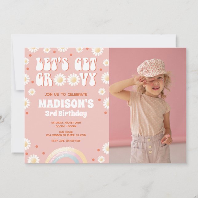Invitación Vamos a Bailar Groovy Daisy Rainbow Cumpleaños Ret (Anverso)
