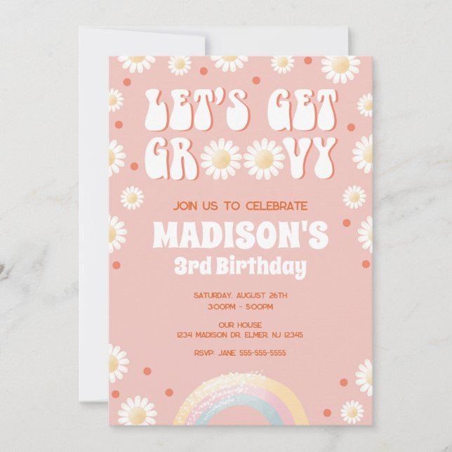 Invitación Vamos a Bailar Groovy Daisy Rainbow Cumpleaños Ret (Anverso)