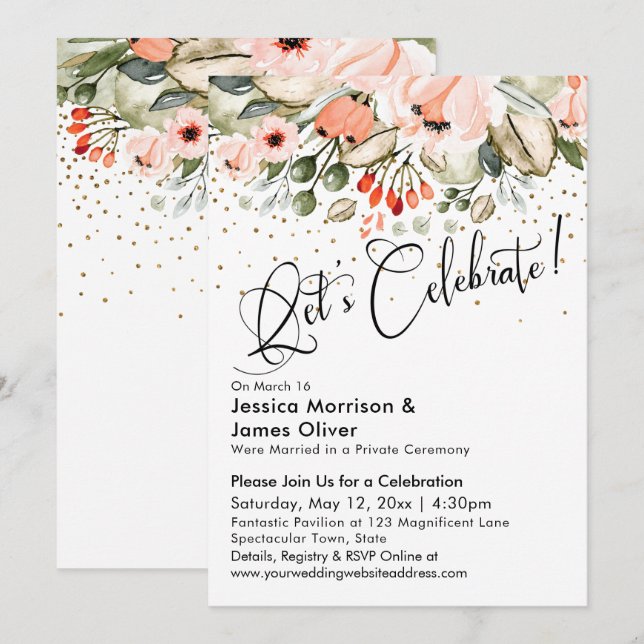 Invitación ¡Vamos a Celebrar! Confeti Falso Dorado Floral Ros (Anverso / Reverso)