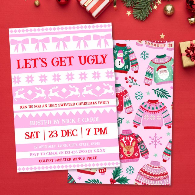 Invitación Vamos a conseguir Navidades feos y suaves rosados  (Let's Get Ugly Christmas Ugly Sweater Pink & Red Invitation)