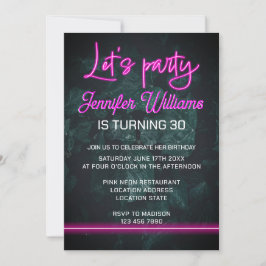 Invitación Vamos a festejar con follaje de escritura rosa neó