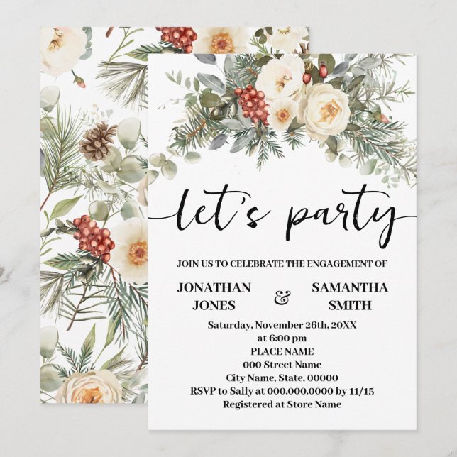 Invitación Vamos a festejar flores blancas de invierno compro (Anverso / Reverso)
