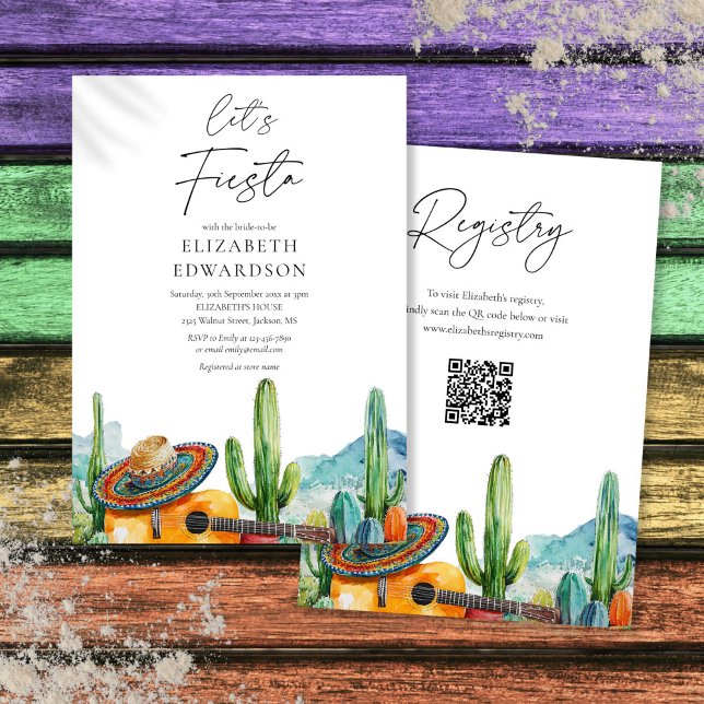 Invitación Vamos a Fiesta Acuarela Código QR Despedida de Sol (Let's Fiesta Watercolor QR Code Bridal Shower Invitation)
