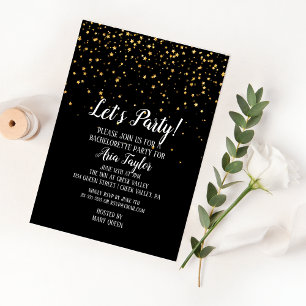 Invitación Vamos a Fiesta Confetti de oro en la soltera negra