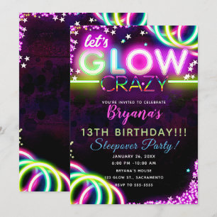 Invitación Vamos a GLOW Fiesta de Cumpleaños de neón loco bri