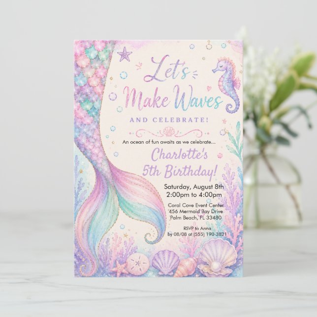 Invitación Vamos a hacer olas Cumpleaños de cola de sirena ac (Anverso de pie)