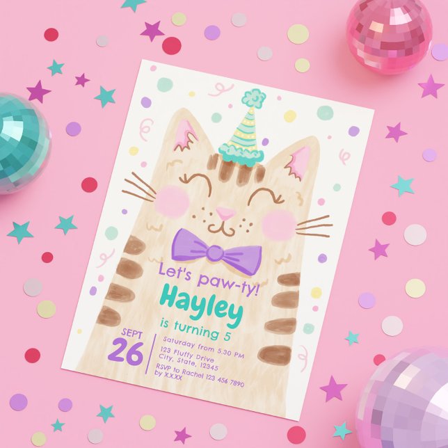 Invitación Vamos a hacer una fiesta de cumpleaños para el gat (Let’s Pawty Cute Kitty Cat Face Birthday Party Invitation)