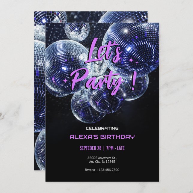 Invitación Vamos a la fiesta bola de discoteca  (Anverso / Reverso)